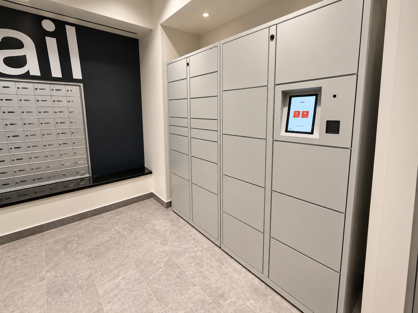Accessa Parcel locker tower with touchscreen kiosk beside a building mail wall